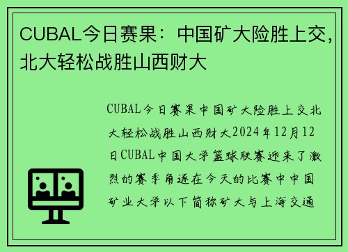 CUBAL今日赛果：中国矿大险胜上交，北大轻松战胜山西财大